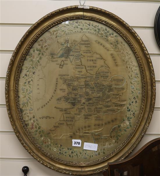 An early 19th century silkwork map of England and Wales, 52 x 45cm